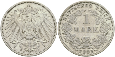 Германия 1 марка 1902 E Weege 18, J. 17, KM 14 серебро aUNC 413-5532