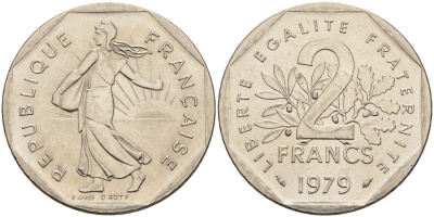 Франция 2 франка 1979 сеятель KM 942.1, Le Franc 272.3 никель  UNC  4153-454