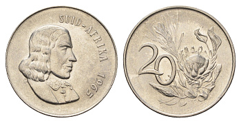 ЮАР 20 центов 1965 Ян ван Рибек (1619-1677), Suid Africa, легенда на африкаанс, цветок протея KM 69.2 никель 4693-645