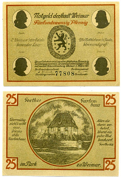 Веймар 25 пфеннигов 1921 1 марта 1921, нотгельд (GOETTHEHAUSE), земля Тюрингия, без DRFA Grabowski 1398.3а бумага 2196-5-3-2