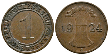 ГЕРМАНИЯ 1 РЕЙХСПФЕННИГ 1924 J KM 37, J.313 бронза 4380-1112