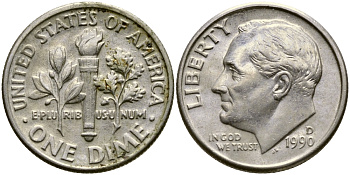 США 10 ЦЕНТОВ = 1 ДАЙМ 1990 D, РУЗВЕЛЬТ KM 195а медь плакированная медно-никелем 46-2356