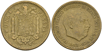 Испания 1 песета 1953 (56) Франсиско Франко (1939-1975) KM 775 алюминиевая бронза 3336-723
