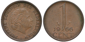 НИДЕРЛАНДЫ 1 ЦЕНТ 1966 ЮЛИАНА KM 180 бронза 45-421