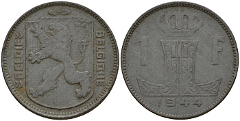 Бельгия 1 франк 1944 Belgie - Belgique, Леопольд III (1934-1947), германская оккупация, Вторая мировая война KM 128 цинк 4161-537