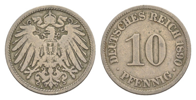 Германия 10 пфеннигов 1890 A, Вильгельм II (1888-1918) KM 12, J. 13 медно-никель 4647-867