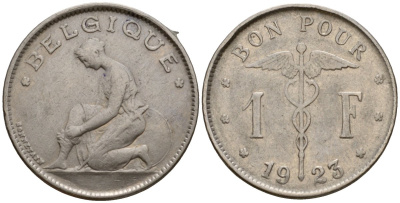 Бельгия 1 франк 1923 Belgique, Альберт I (1909-1934) KM 89 никель 4601-634