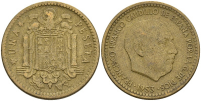 Испания 1 песета 1953 (56) Франсиско Франко (1939-1975) KM 775 алюминиевая бронза 3336-723