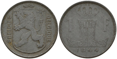 Бельгия 1 франк 1944 Belgie - Belgique, Леопольд III (1934-1947), германская оккупация, Вторая мировая война KM 128 цинк 4161-537