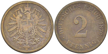 Германия 2 пфеннига 1876 C, старогербовка KM 2, Jager 2, Weege 3 медь 212-713