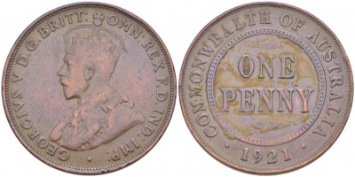 АВСТРАЛИЯ 1 ПЕННИ 1921 ГЕОРГ V KM 23 бронза 4403-921