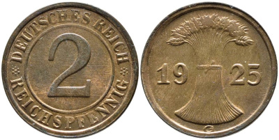 Германия 2 рейхспфеннига 1925 G, Веймарская Республика (1919-1933) KM 38, Jager 314, Weege 4 бронза  aUNC  4546-844
