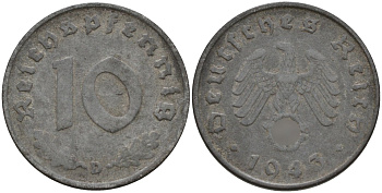 Германия 10 рейхспфеннигов 1943 D KM 101, J.371 цинк 4151-249