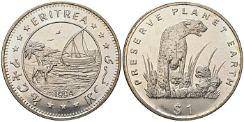 Эритрея 1 доллар 1994 берегите планету Земля - Гепард KM 15 медно-никель BU 4558-1013
