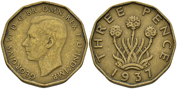 Великобритания 3 пенса 1937 Георг VI (1936-1952) KM 849, Spink 4112 никель латунь 4146-317