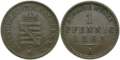 Саксен-Веймар-Эйзенах 1 пфенниг 1865 А, Карл Александр (1853-1901) KM 89, Jaeger 533, AKS 37 медь 99-566