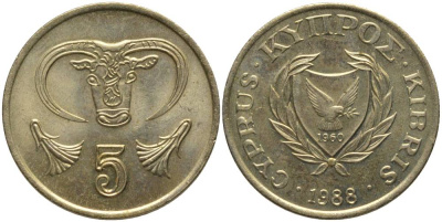 КИПР 5 ЦЕНТОВ 1988 ГОЛОВА БЫКА KM 55.2 никель латунь UNC 181-513