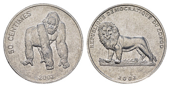 ДР Конго 50 сантимов 2002 Животные - Горилла KM 79 алюминий UNC 4626-427