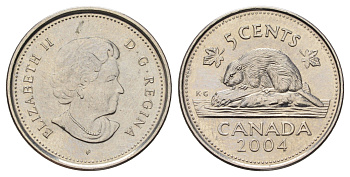 Канада 5 центов 2004 P, Елизавета II (1952-2022), бобр KM 491 сталь плакированная никелем UNC 4689-455