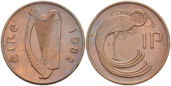 Ирландия 1 пенни 1982 мифологическая птица лира KM 20 бронза 4582-136