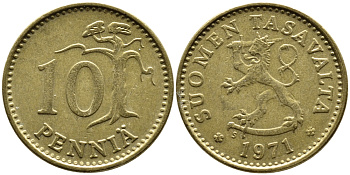 ФИНЛЯНДИЯ 10 ПЕННИ 1971 S KM 46 алюминиевая бронза 75-1665