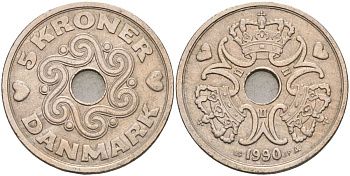 Дания 5 крон 1990 Маргрете II (1973-1988) KM 869 медно-никель 4593-924