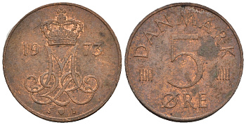 Дания 5 эре 1975 S; B, Маргрете II (1972- ) KM 859.1 железо плакированное медью 54-1048