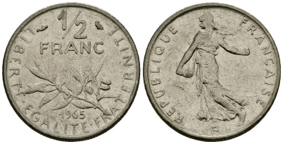 Франция 1/2 франка 1965 сеятель KM 931, Le Franc 198.3 никель 4135-645