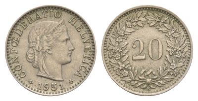 Швейцария 20 раппенов 1951 B KM 29a медно-никель 4547-417