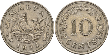 Мальта 10 центов 1972 баржа Великого магистра KM 11 медно-никель 82-624