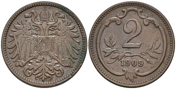 Австрия 2 геллера 1909 KM 2801 бронза 4567-319