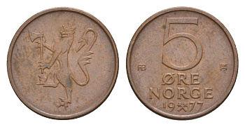 Норвегия 5 эре 1977 Улаф V (1957-1991) KM 415 бронза UNC 4632-1264