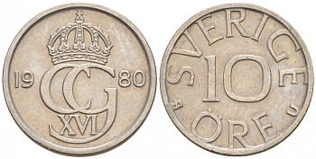 Швеция 10 эре 1980 Карл XVI Густав (1973- ) KM 850 медно-никель 44-143