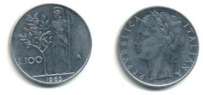 ИТАЛИЯ 100 ЛИР 1965 R АФИНА KM 96.1 сталь 86-1012