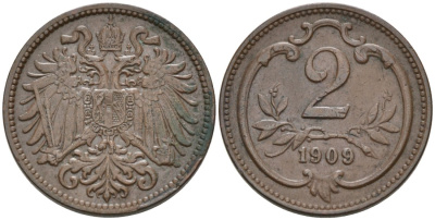 Австрия 2 геллера 1909 KM 2801 бронза 4567-319