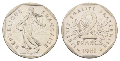 Франция 2 франка 1981 KM 942.1 никель UNC 4118-524