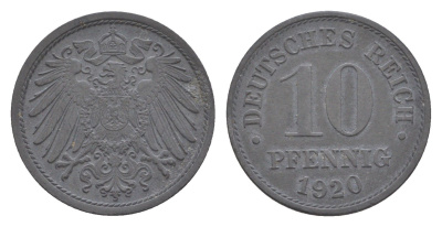 Германия 10 пфеннигов 1920 KM 26, J. 299 цинк 4644-1221