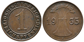 Германия 1 рейхспфенниг 1935 J KM 37, J. 313, Weege 2 бронза 39-1111