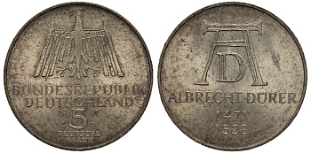 ФРГ 5 МАРОК 1971 D, 500 ЛЕТ СО ДНЯ РОЖДЕНИЯ АЛЬБРЕХТА ДЮРЕРА KM 129, J. 410 серебро 413-1131