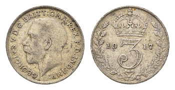 Великобритания 3 пенса 1917 Георг V (1910-1936) KM 813, Spink 4015 серебро 4644-212