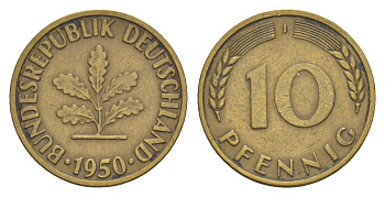 ФРГ 10 пфеннигов 1950 J KM 108, J. 383 сталь плакированная латунью 4630-1259