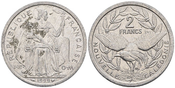 Французская Новая Каледония 2 франка 1999 птица кагу, (IEOM) KM 14, Schoen 11, Lec 68d алюминий    25-711