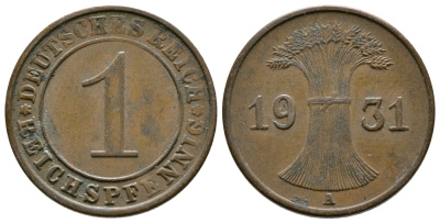 Германия 1 рейхспфенниг 1931 A KM 37, J. 313 бронза 4380-1219