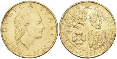 ИТАЛИЯ 200 ЛИР 1993 R, 70 ЛЕТ ВОЕННОЙ АВИАЦИИ KM 155 алюминиевая бронза 4551-1126