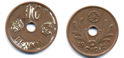 ФИНЛЯНДИЯ 10 ПЕННИ 1942 KM 33.1 медь 51-4939