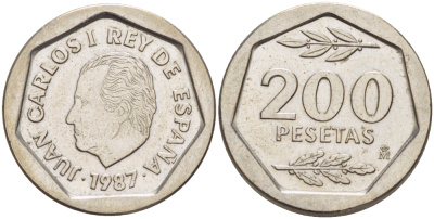 ИСПАНИЯ 200 ПЕСЕТ 1987 ХУАН КАРЛОС I ( 1975-) KM 829 медно-никель XF 216-513