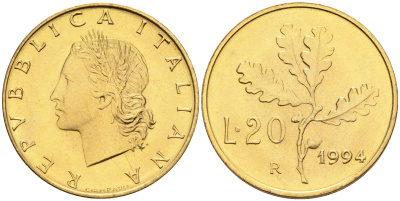Италия 20 лир 1994 R, дубовый лист KM 97.2 алюминиевая бронза  UNC  4594-863