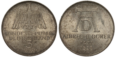 ФРГ 5 марок 1971 D, 500 лет со дня рождения Альбрехта Дюрера KM 129, J. 410 серебро 413-1131