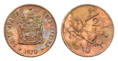 ЮАР 1/2 цента 1970 два капских воробья на ветке KM 81 бронза UNC 96-1169
