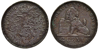 БЕЛЬГИЯ 2 САНТИМА 1911 BELGEN, АЛЬБЕРТ I (1909-1934) KM 65 медь 27-851